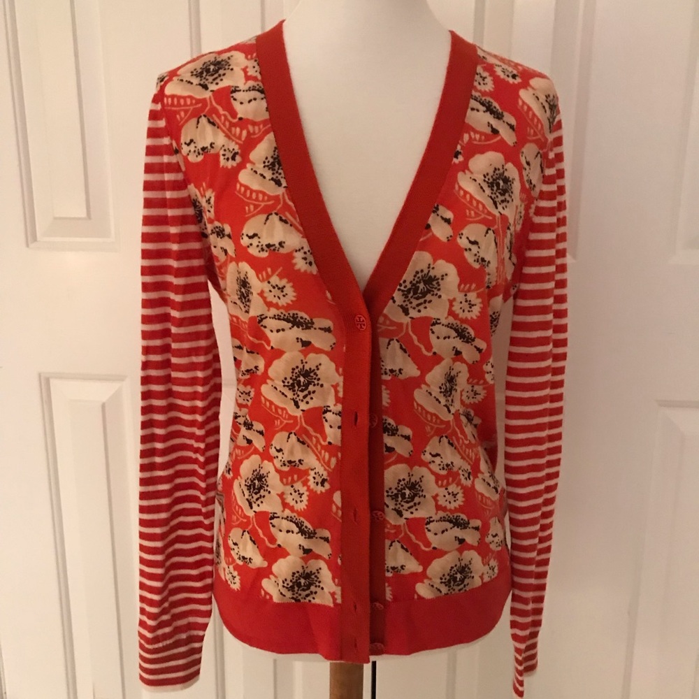 Tory Burch orange floral cardigan L